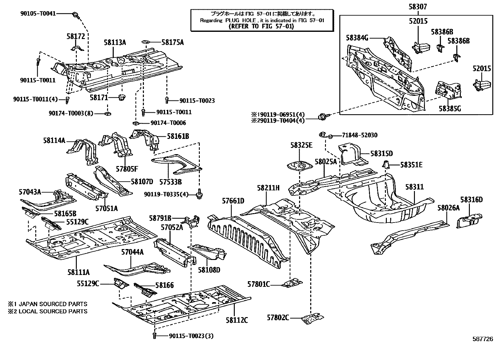 Toyota YARIS 浅盘形地板和车身下背板 EPC diagram — 587726