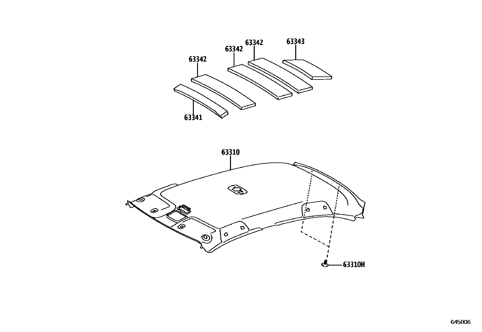 Toyota YARIS 车顶内衬和消声垫 EPC diagram — 645006