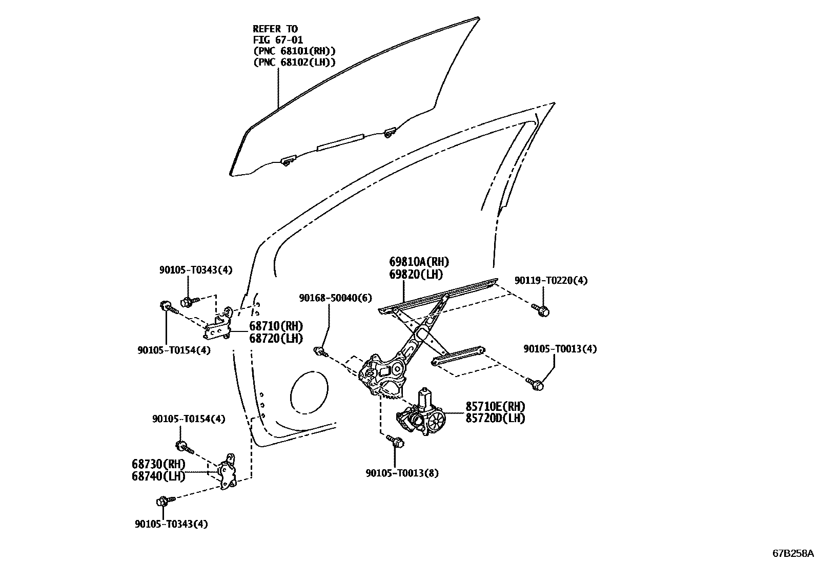 Toyota YARIS 前门车窗升降器和合页 EPC diagram — 67B258A