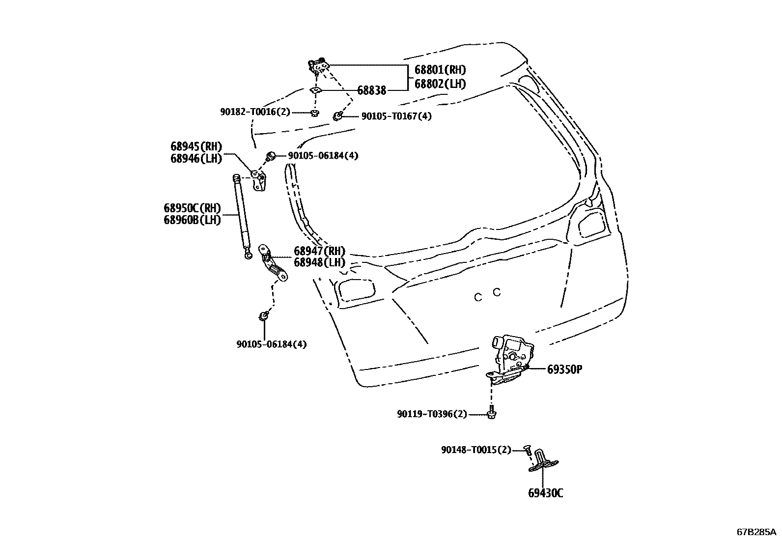 Toyota YARIS 背门锁和背门把手 EPC diagram — 67B285A