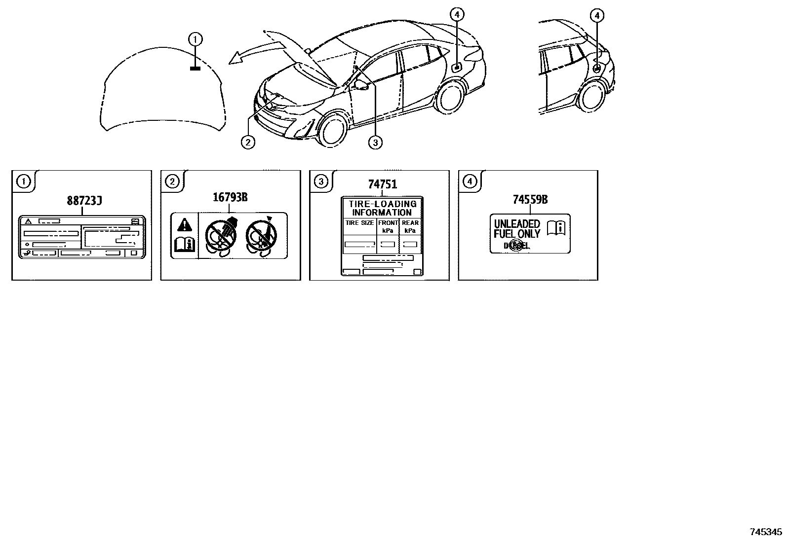 Toyota YARIS 警示铭牌(车外和车内) EPC diagram — 745345