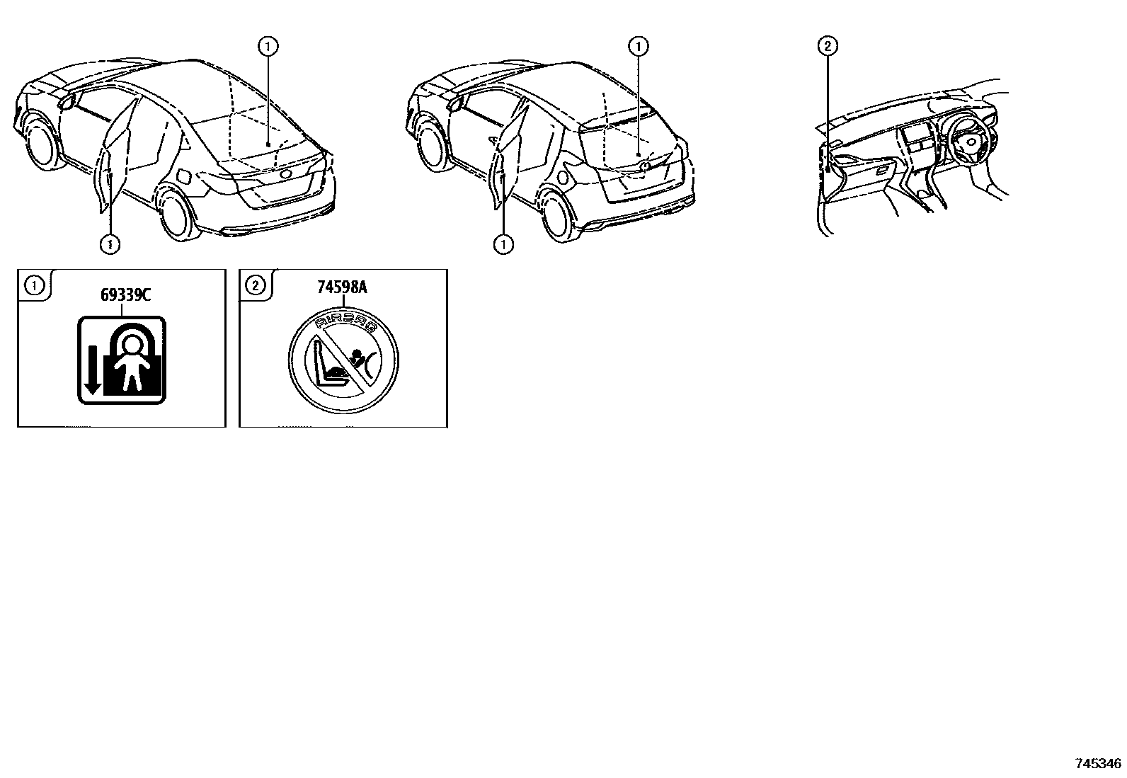 Toyota YARIS 警示铭牌(车外和车内) EPC diagram — 745346