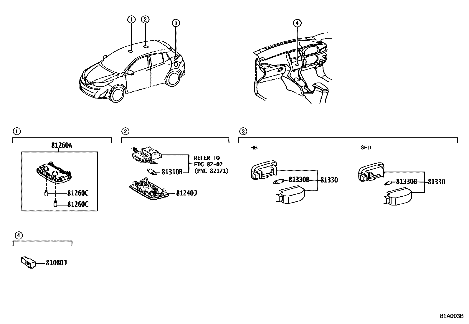Toyota YARIS 车内灯 EPC diagram — 81A003B