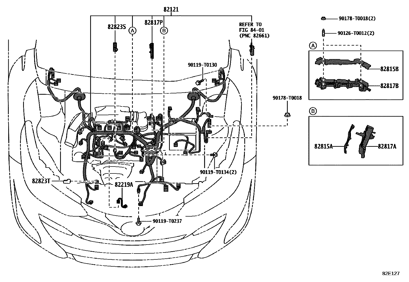 Toyota YARIS 线束和卡夹 EPC diagram — 82E127