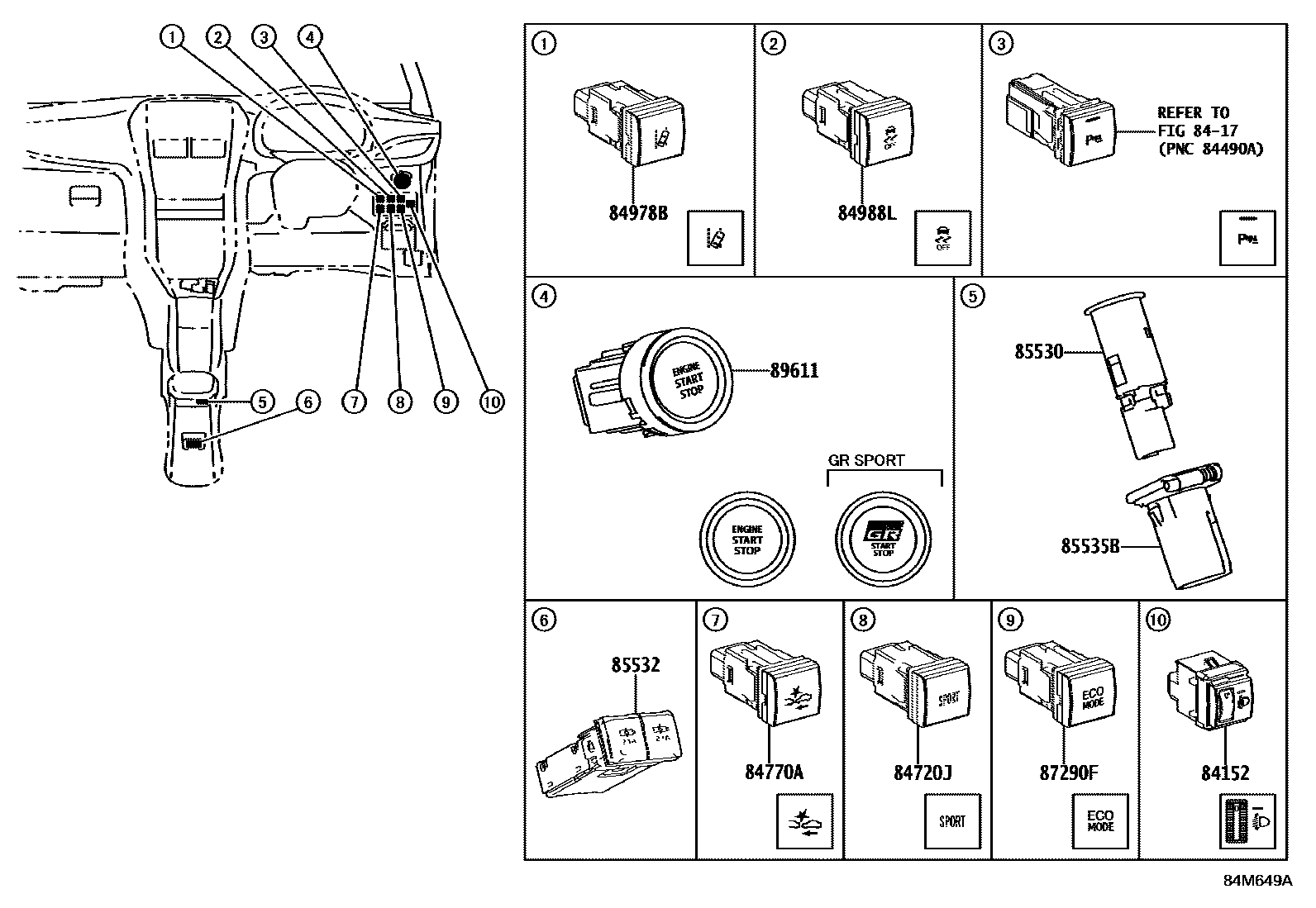 Toyota YARIS 开关和继电器和ECU EPC diagram — 84M649A