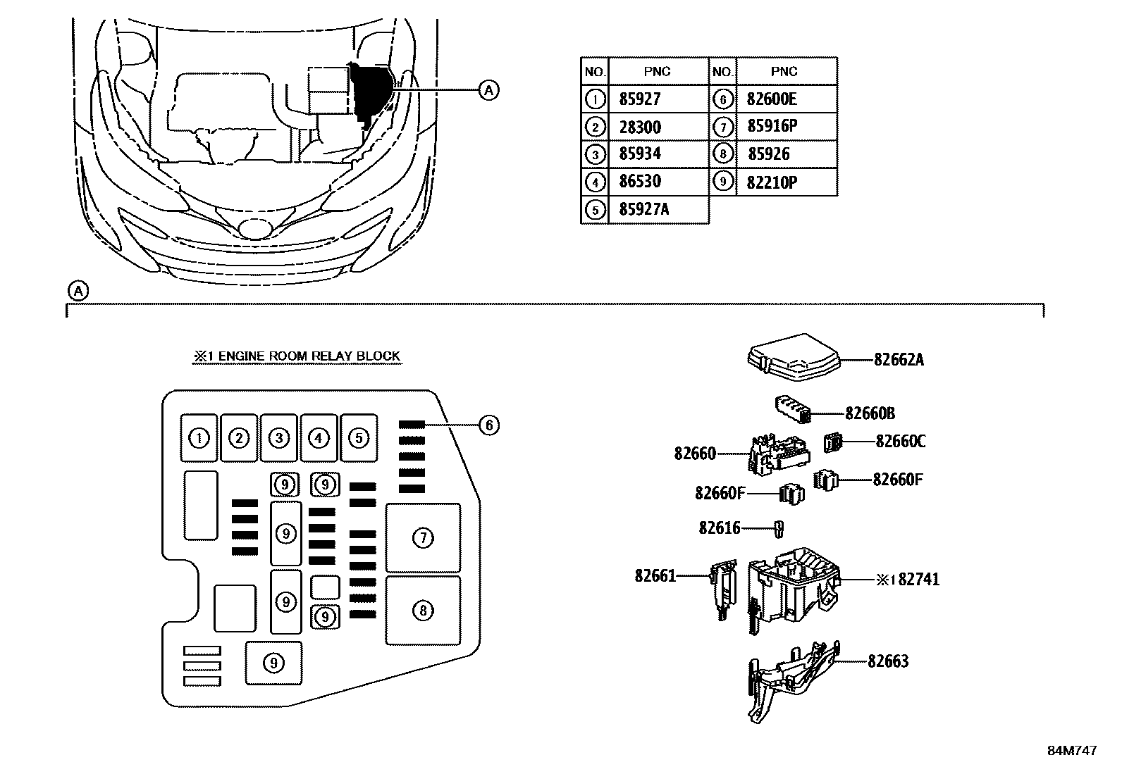 Toyota YARIS 开关和继电器和ECU EPC diagram — 84M747