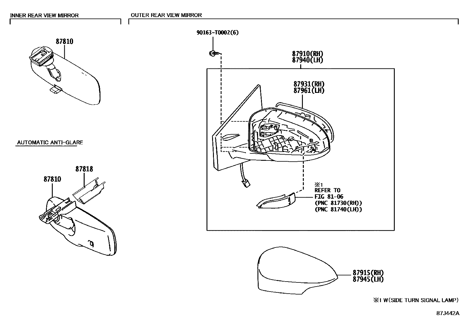 Toyota YARIS 后视镜 EPC diagram — 87J442A