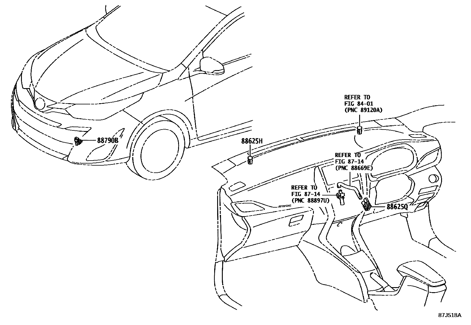 Toyota YARIS 暖风和空调系统 - 控制器和风管 EPC diagram — 87J518A