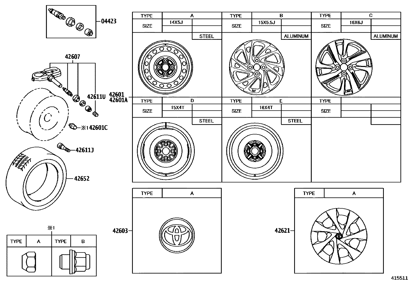 Toyota YARIS 车轮和车轮盖 EPC diagram — 415511