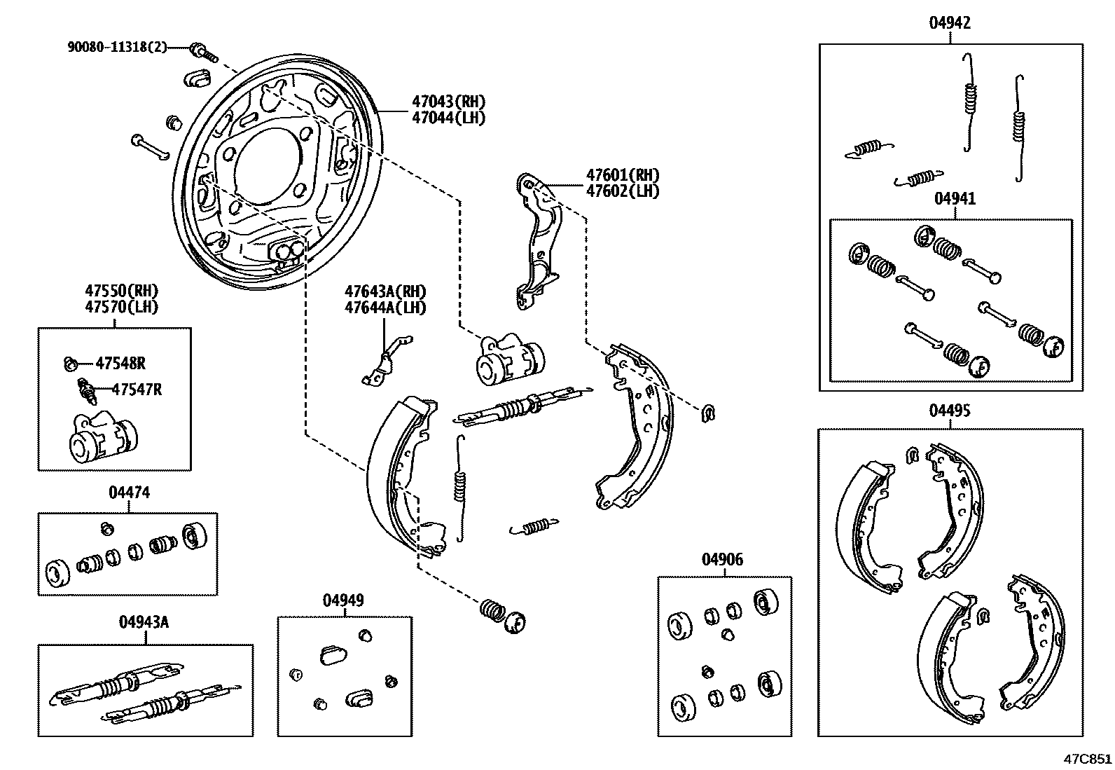 Toyota YARIS 后鼓式制动器分泵和底板 EPC diagram — 47C851