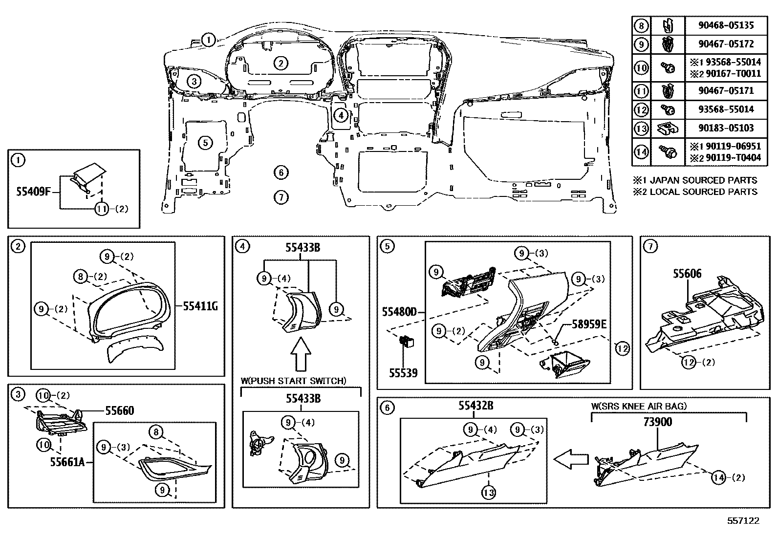 Toyota YARIS 仪表板和手套箱 EPC diagram — 557122