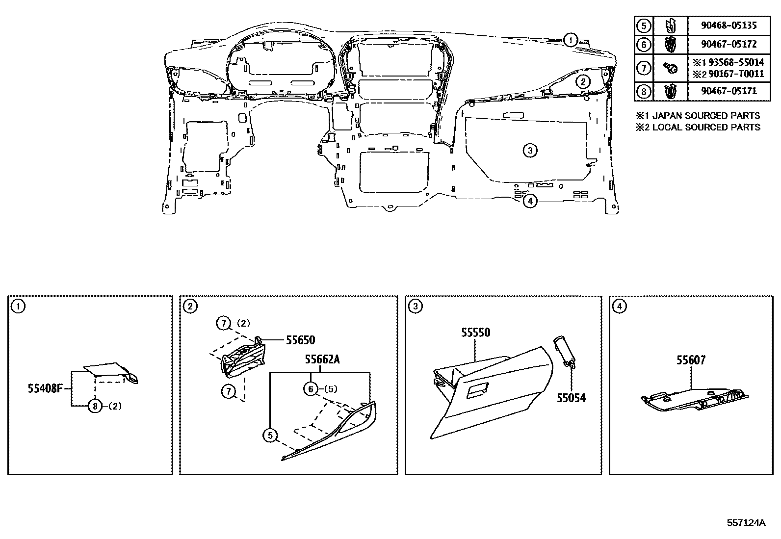 Toyota YARIS 仪表板和手套箱 EPC diagram — 557124A