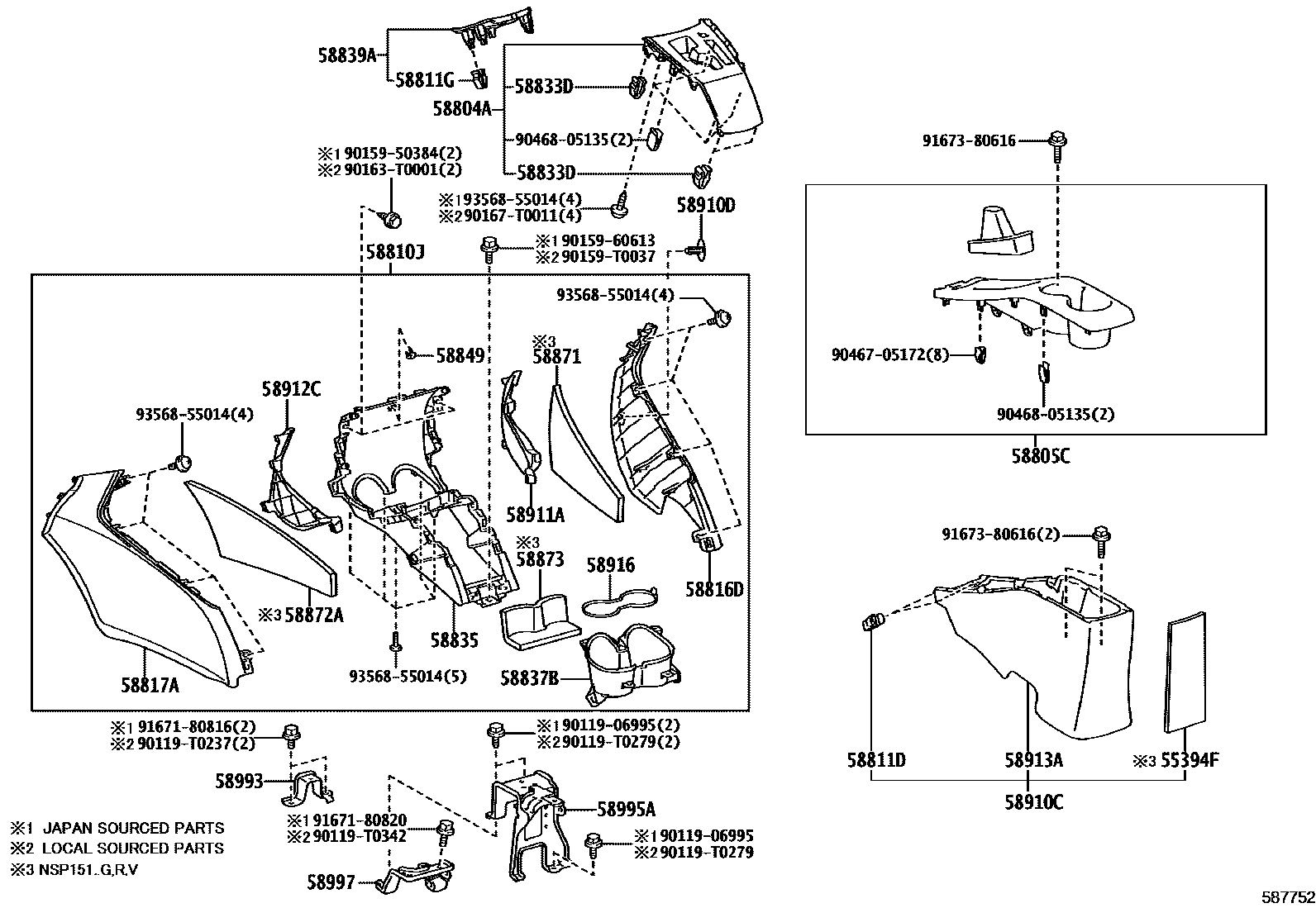 Toyota YARIS 中央扶手箱和支架 EPC diagram — 587752