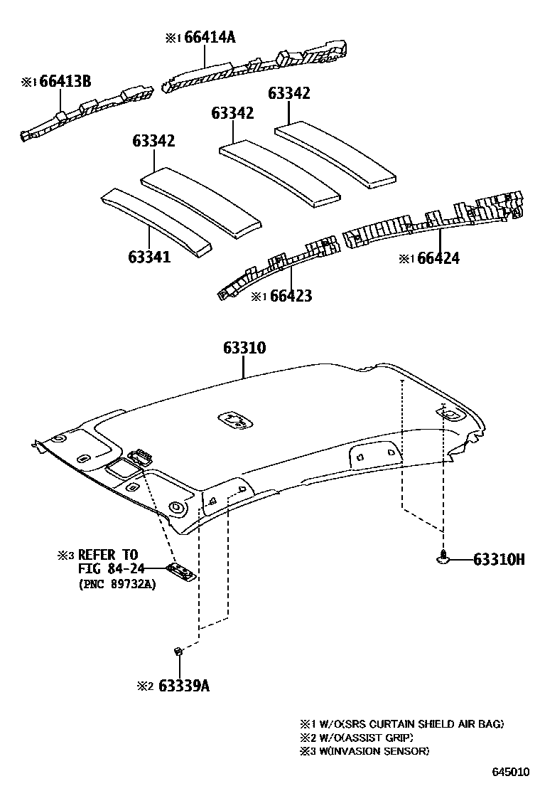Toyota YARIS 车顶内衬和消声垫 EPC diagram — 645010