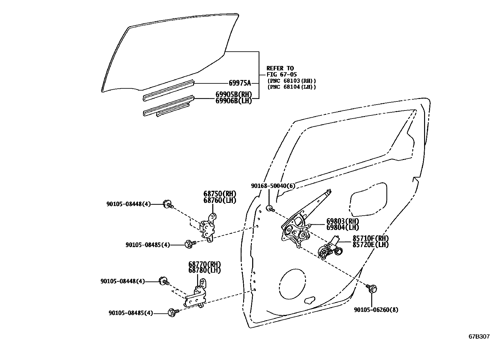 Toyota YARIS 后门车窗升降器和合页 EPC diagram — 67B307