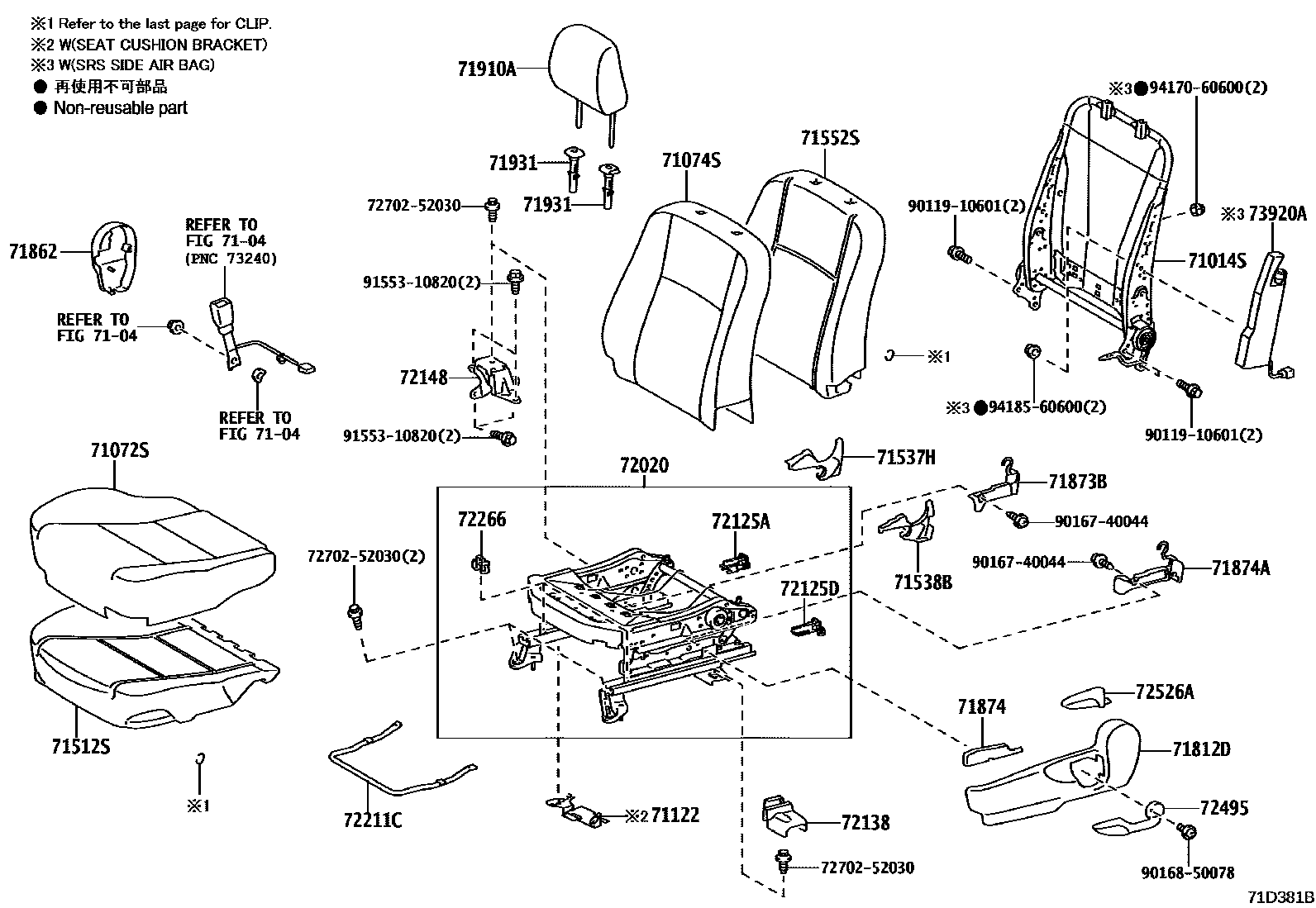 Toyota YARIS 前排座椅和座椅滑轨 EPC diagram — 71D381B