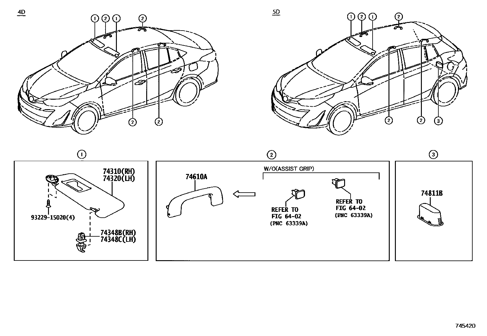 Toyota YARIS 扶手和遮阳板 EPC diagram — 745420