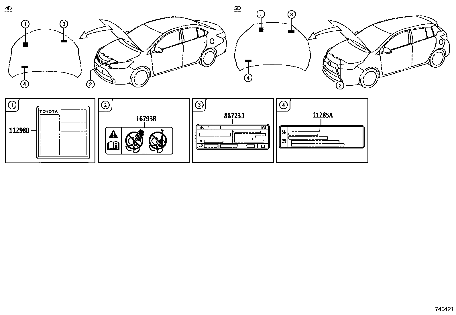 Toyota YARIS 警示铭牌(车外和车内) EPC diagram — 745421