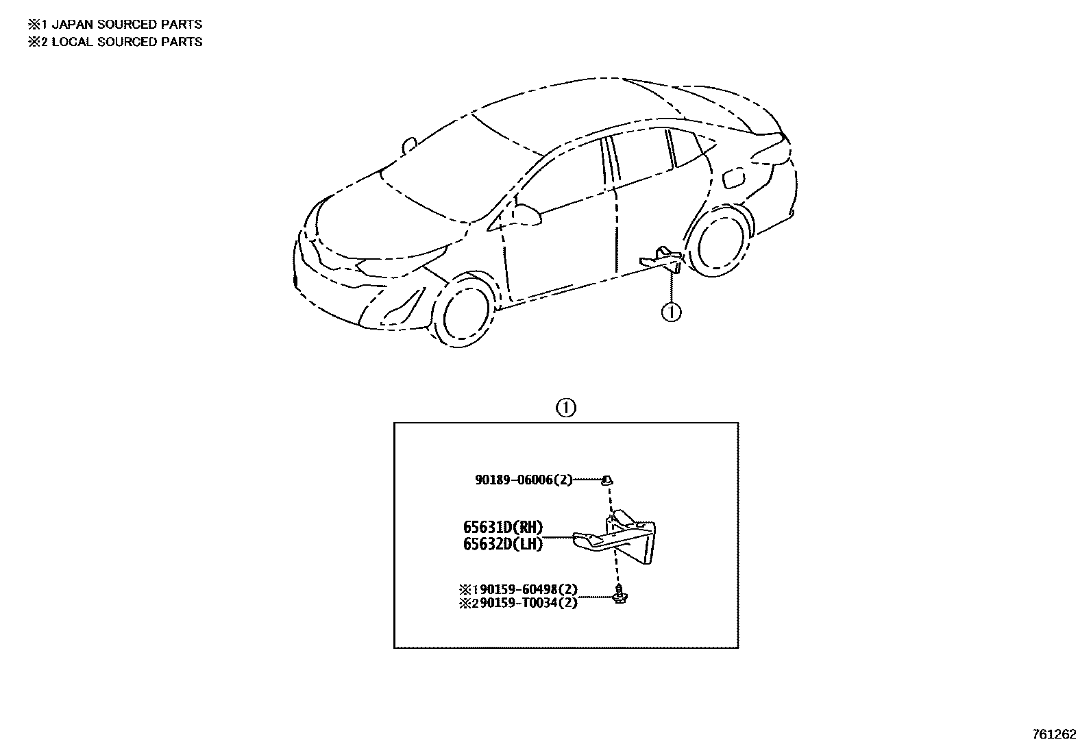 Toyota YARIS 挡泥板和扰流板 EPC diagram — 761262