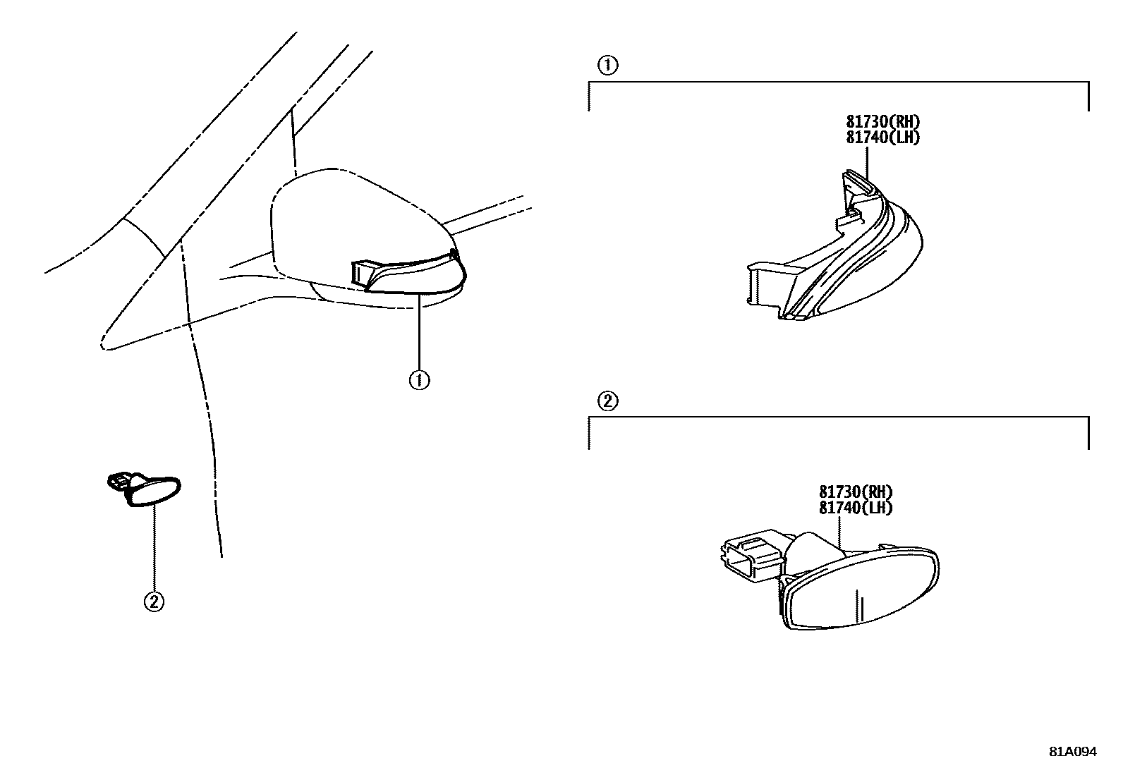 Toyota YARIS Side Turn Signal & Outer Mirror Lamp EPC diagram — 81A094
