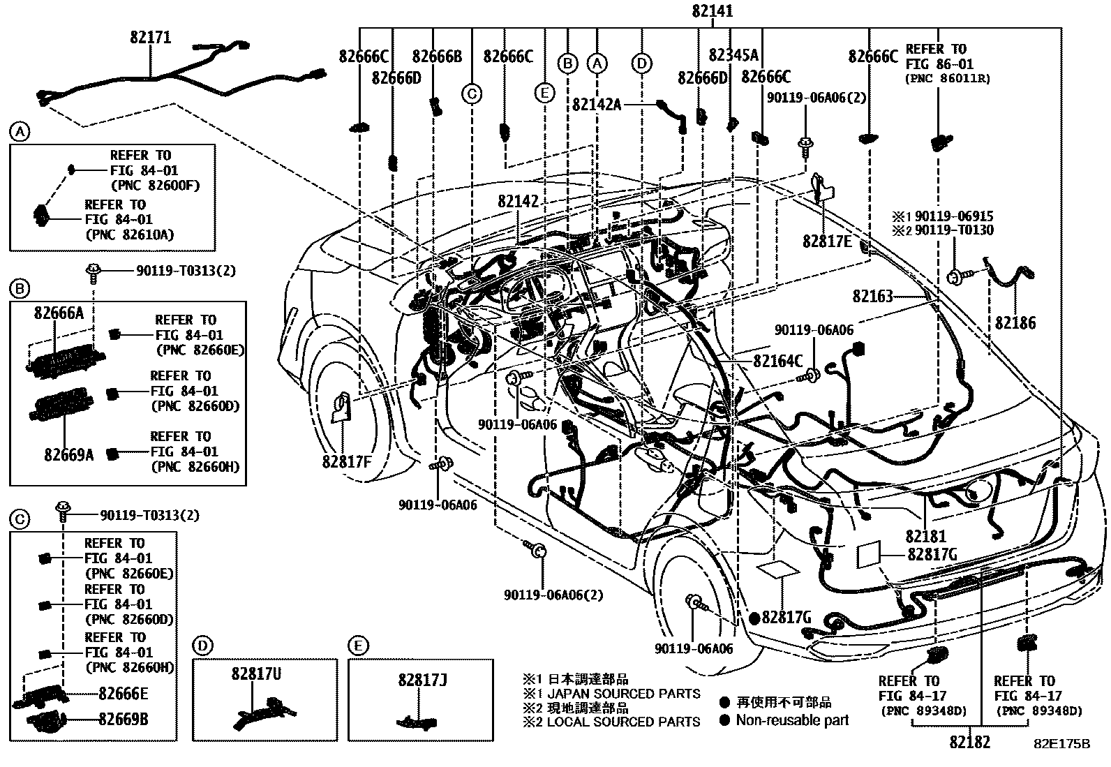 Toyota YARIS 线束和卡夹 EPC diagram — 82E175B