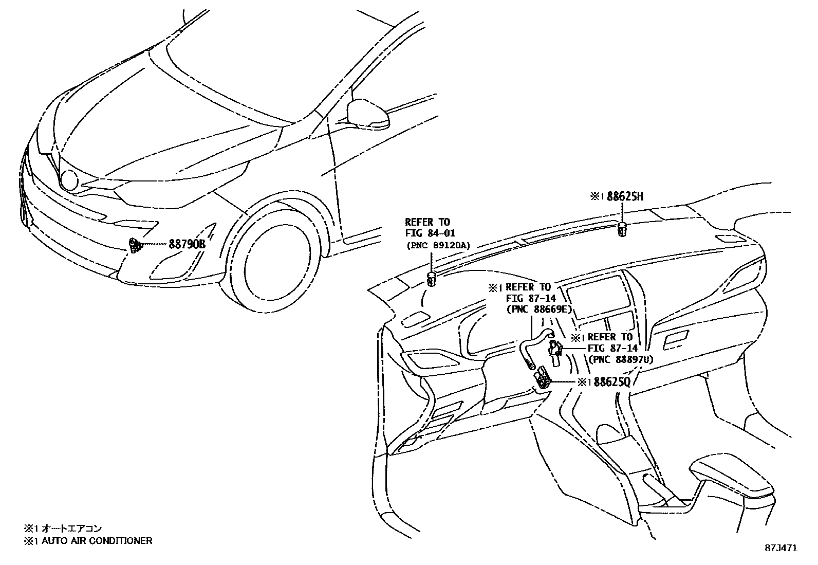 Toyota YARIS 暖风和空调系统 - 控制器和风管 EPC diagram — 87J471