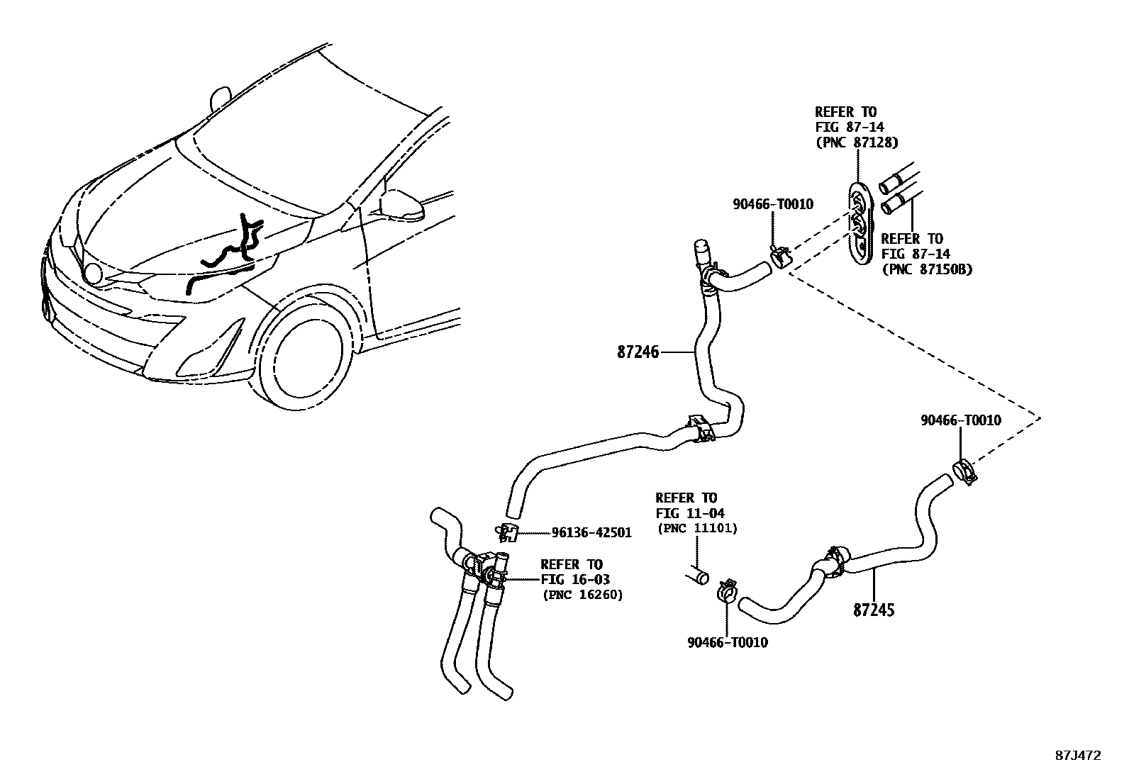 Toyota YARIS 暖风和空调系统 - 水管 EPC diagram — 87J472