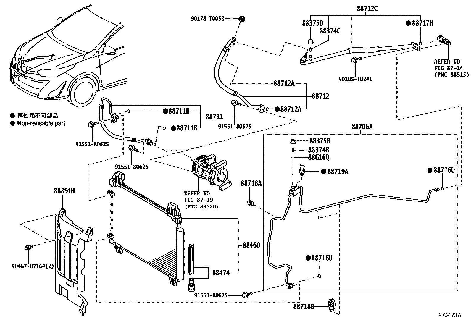 Toyota YARIS Heating & Air Conditioning - Cooler Piping EPC diagram — 87J473A