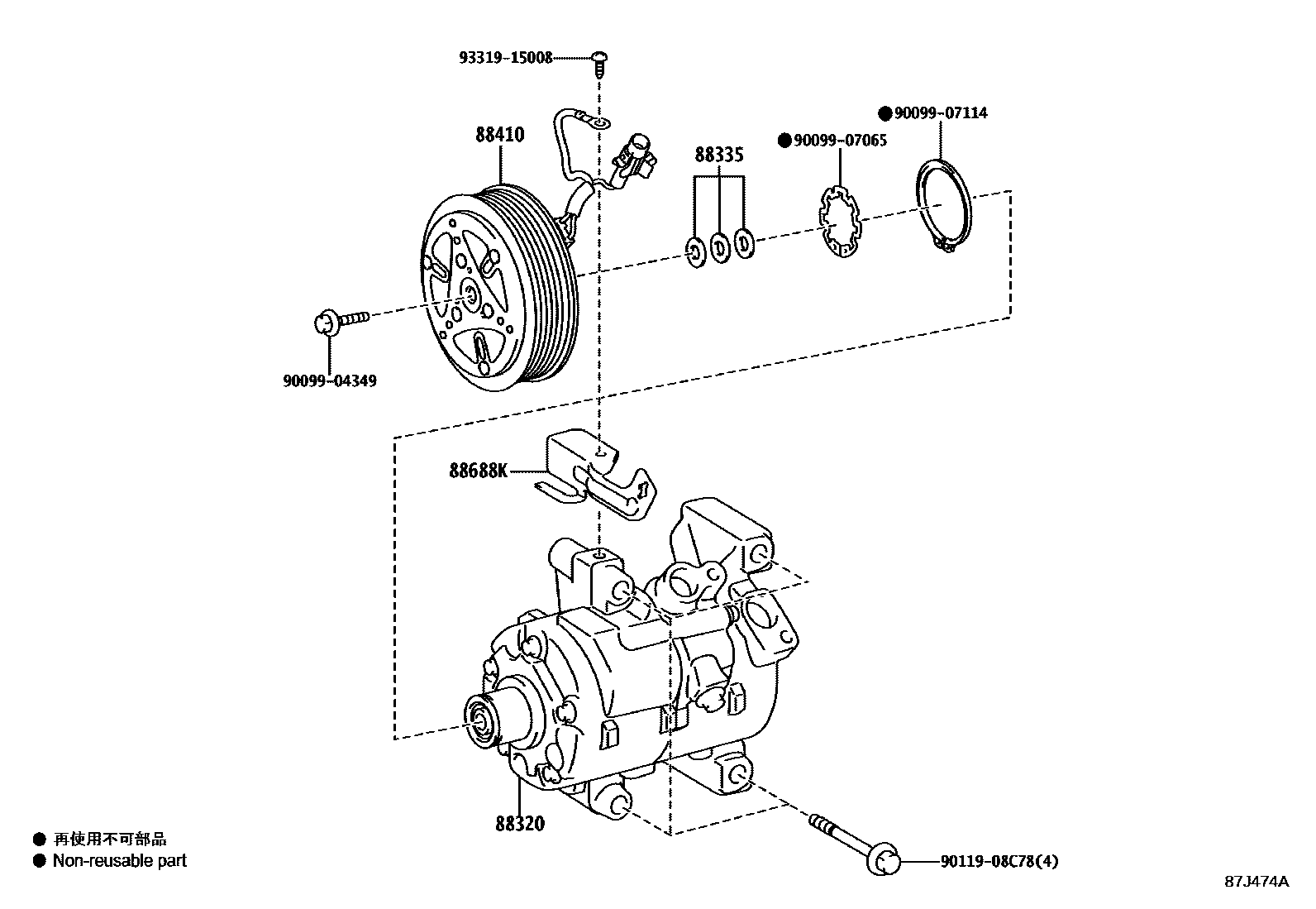 Toyota YARIS Heating & Air Conditioning - Compressor EPC diagram — 87J474A
