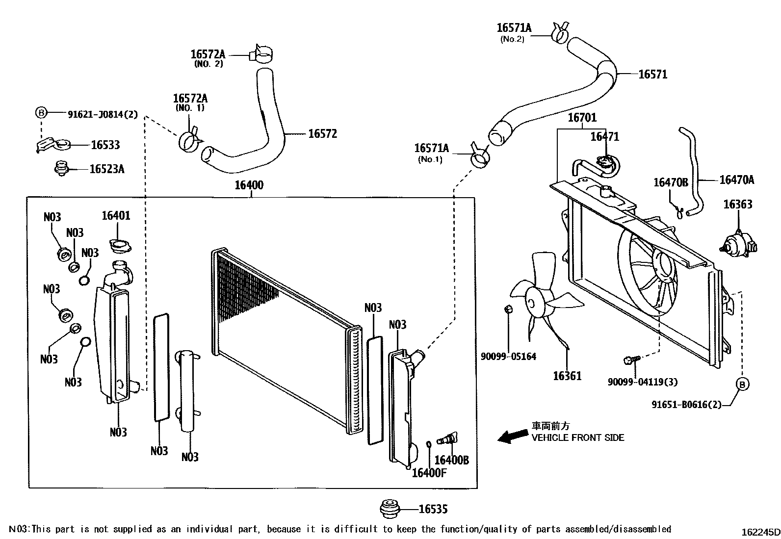Toyota COROLLA RADIATOR & WATER OUTLET EPC diagram — 162245D