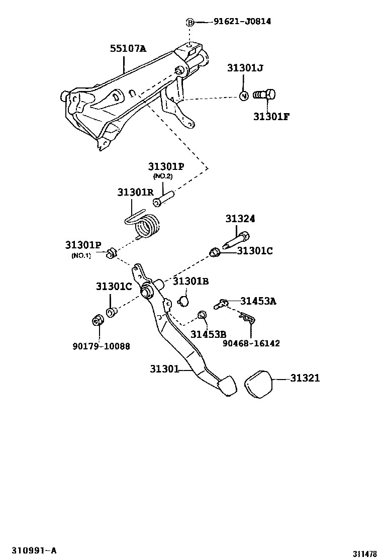 Toyota COROLLA 离合器踏板和挠性软管 EPC diagram — 311478