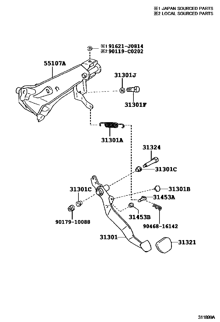 Toyota COROLLA 离合器踏板和挠性软管 EPC diagram — 311899A