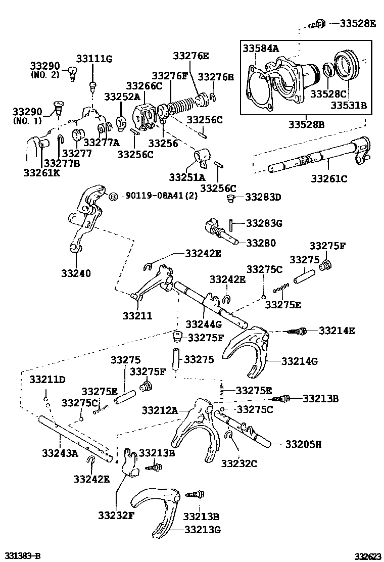 Toyota COROLLA 换档拨叉和换档杆轴(MTM) EPC diagram — 332623