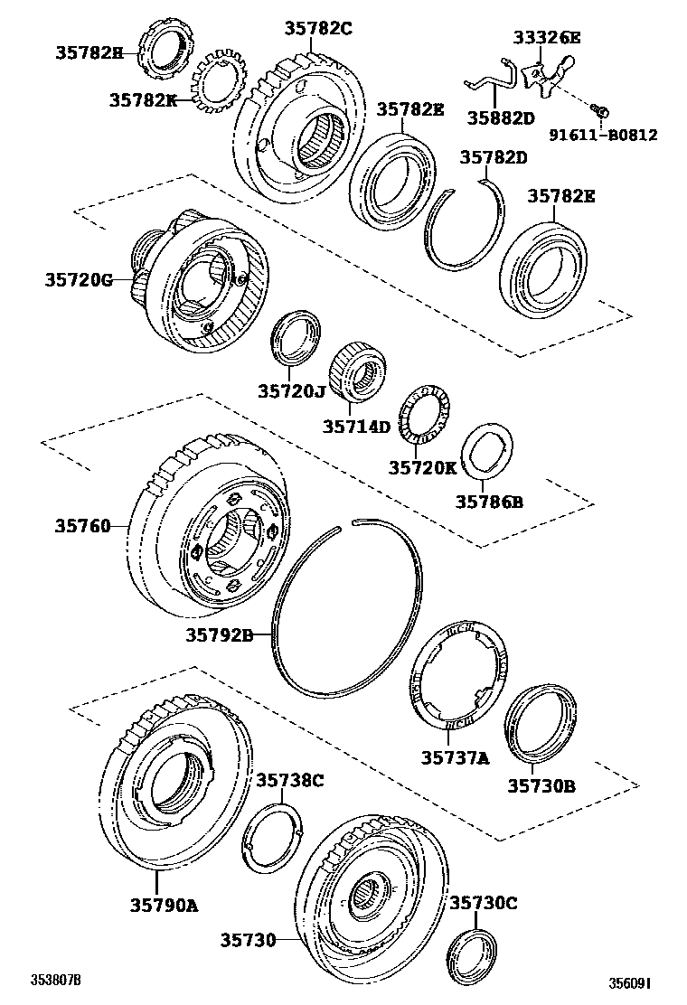 Toyota COROLLA 行星齿轮、倒档活塞和中间轴齿轮(ATM) EPC diagram — 356091