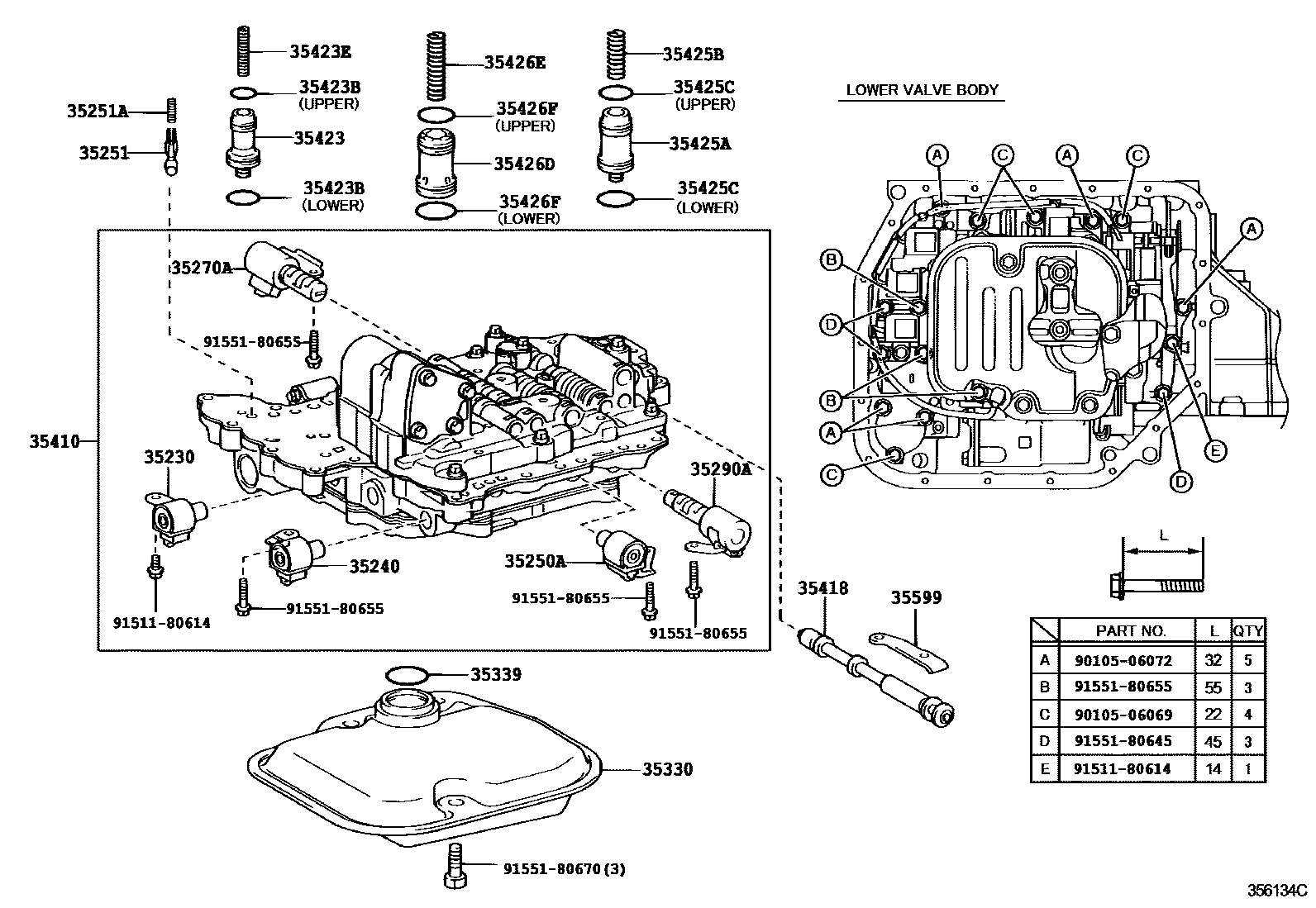 Toyota COROLLA 阀体和滤油网(ATM) EPC diagram — 356134C