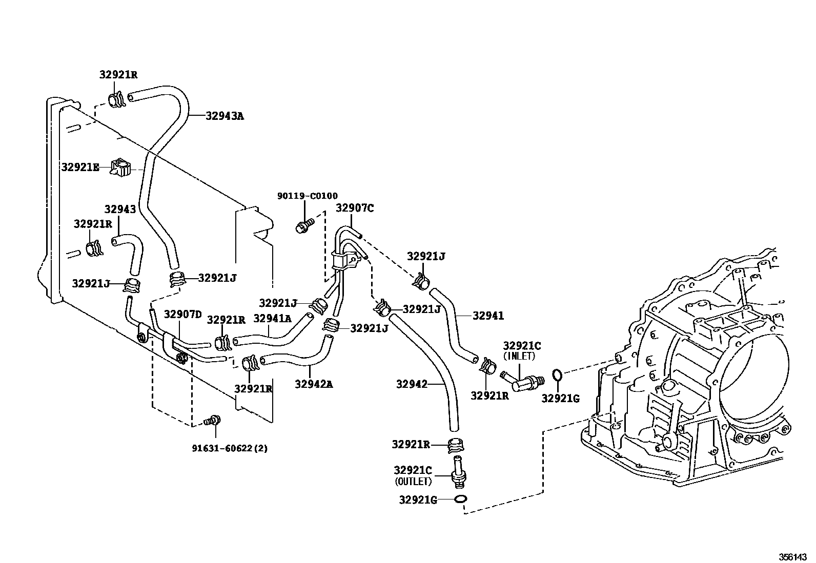 Toyota COROLLA 变速器油冷却器和配管(ATM) EPC diagram — 356143