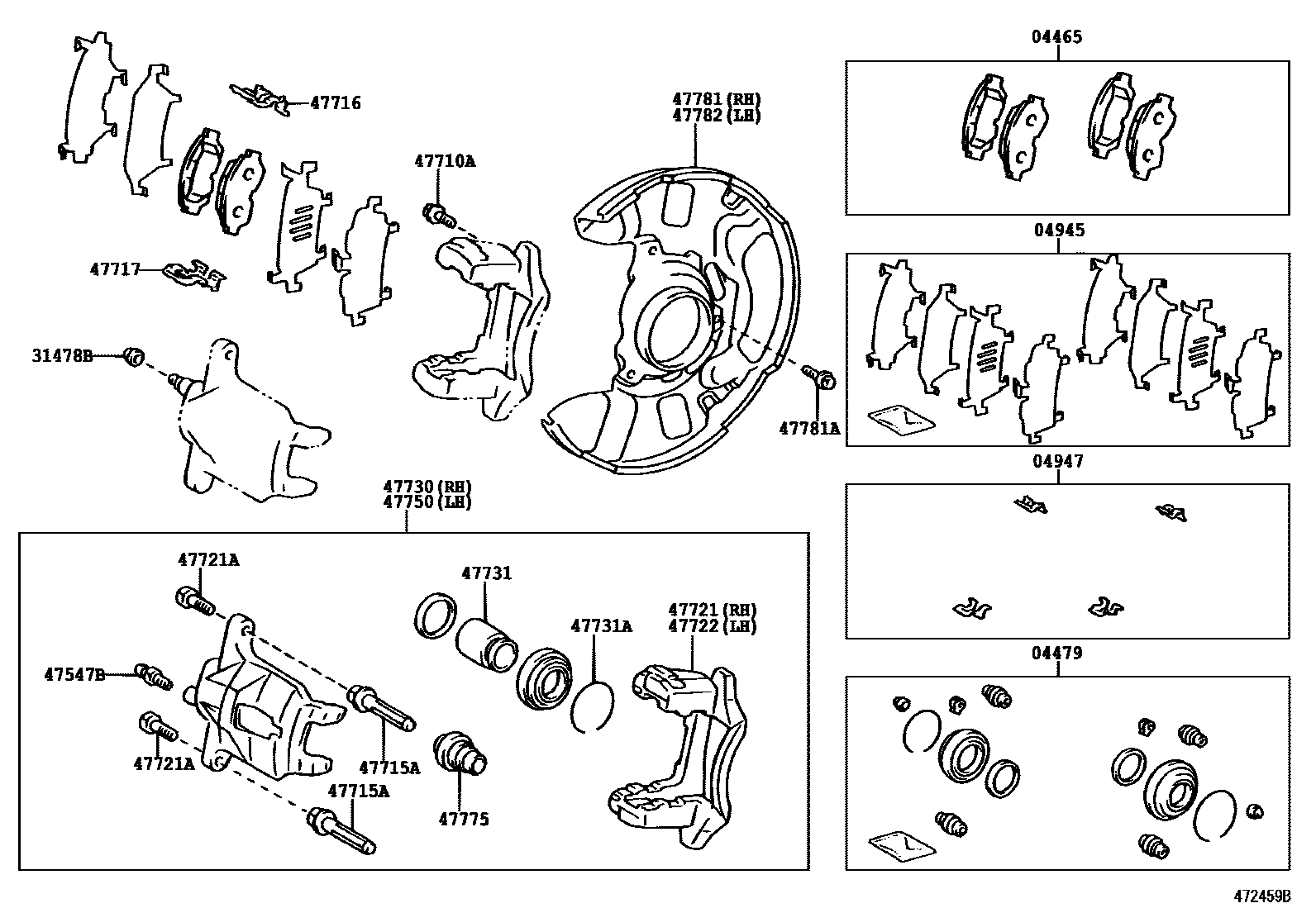 Toyota COROLLA 前盘式制动器卡钳和防尘罩 EPC diagram — 472459B