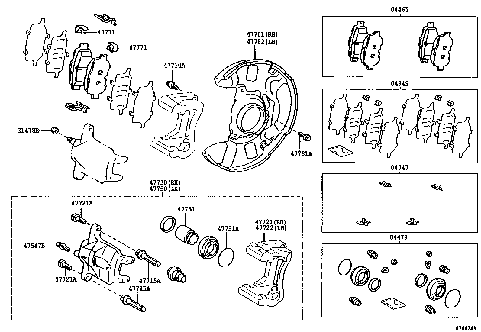 Toyota COROLLA 前盘式制动器卡钳和防尘罩 EPC diagram — 474424A