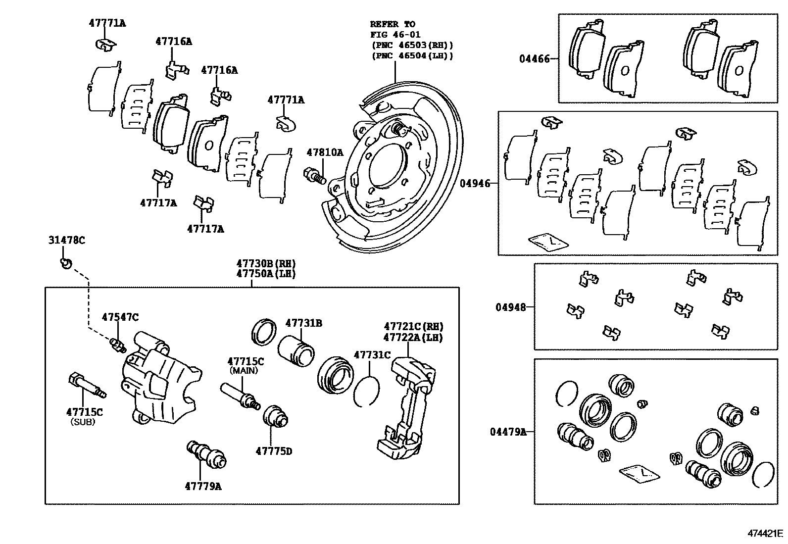 Toyota COROLLA 后盘式制动器卡钳和防尘罩 EPC diagram — 474421E