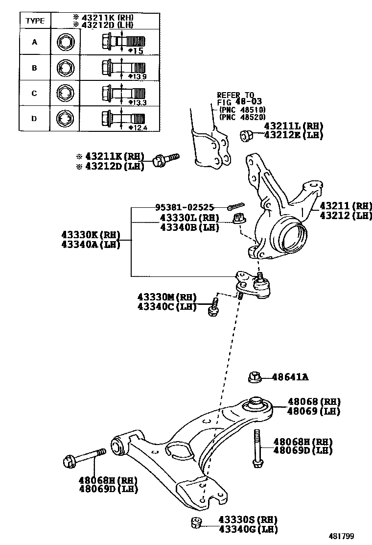 Toyota COROLLA 前桥控制臂和转向节 EPC diagram — 481799B
