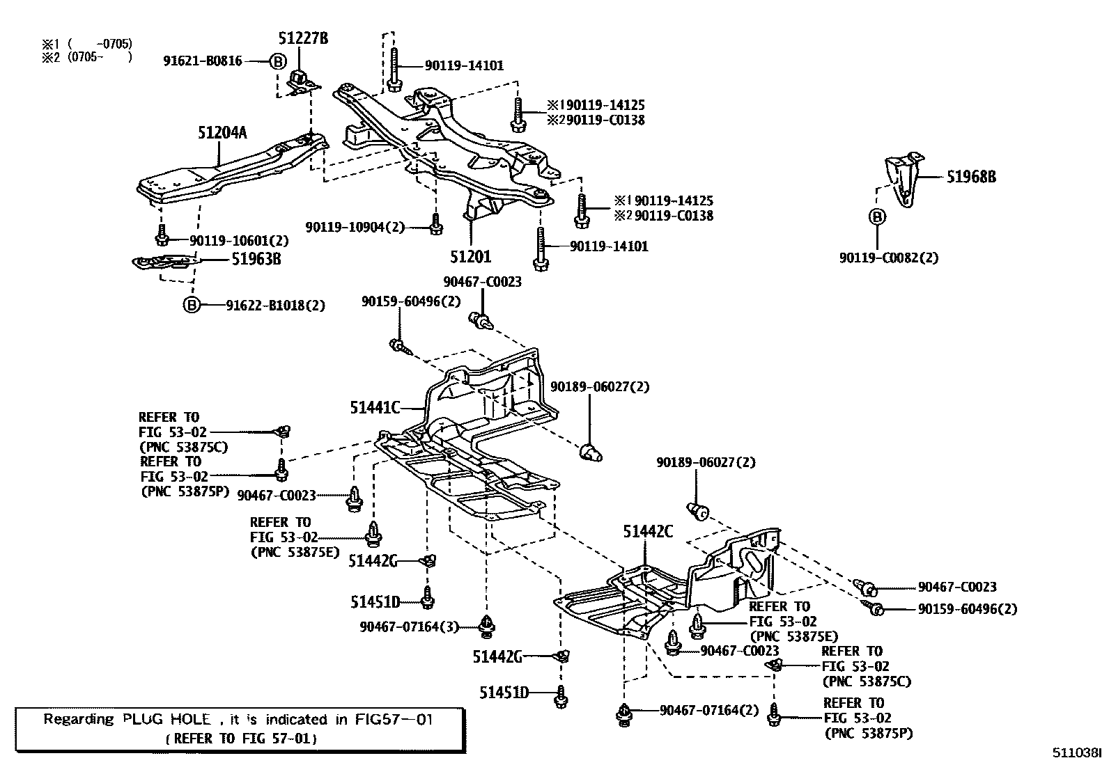 Toyota COROLLA 悬架横梁和发动机底罩 EPC diagram — 511038I