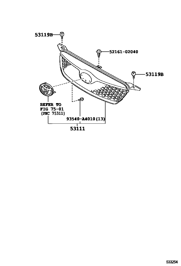 Toyota COROLLA radiator grille EPC diagram — 533254