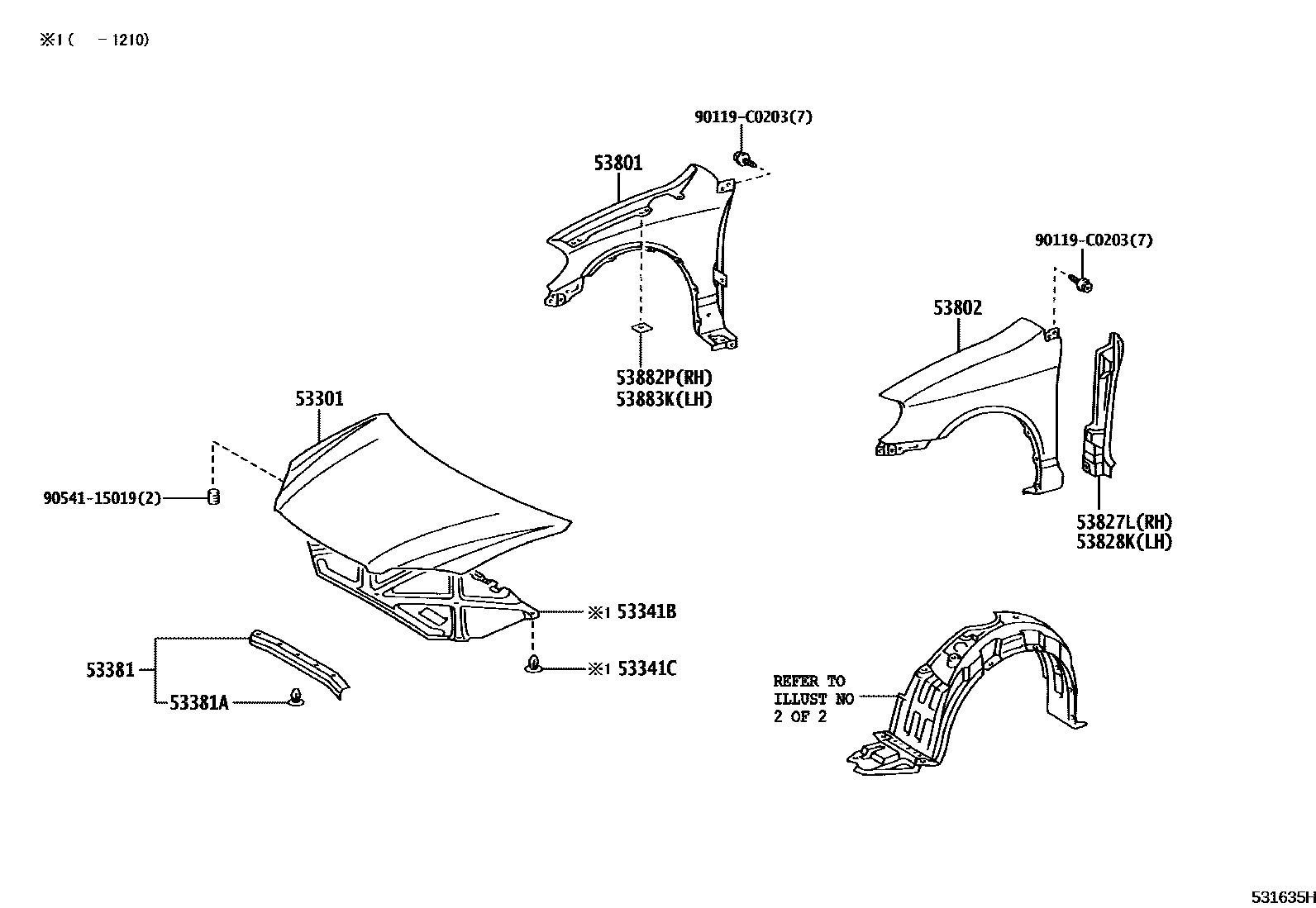 Toyota COROLLA 发动机盖和前翼子板 EPC diagram — 531635H