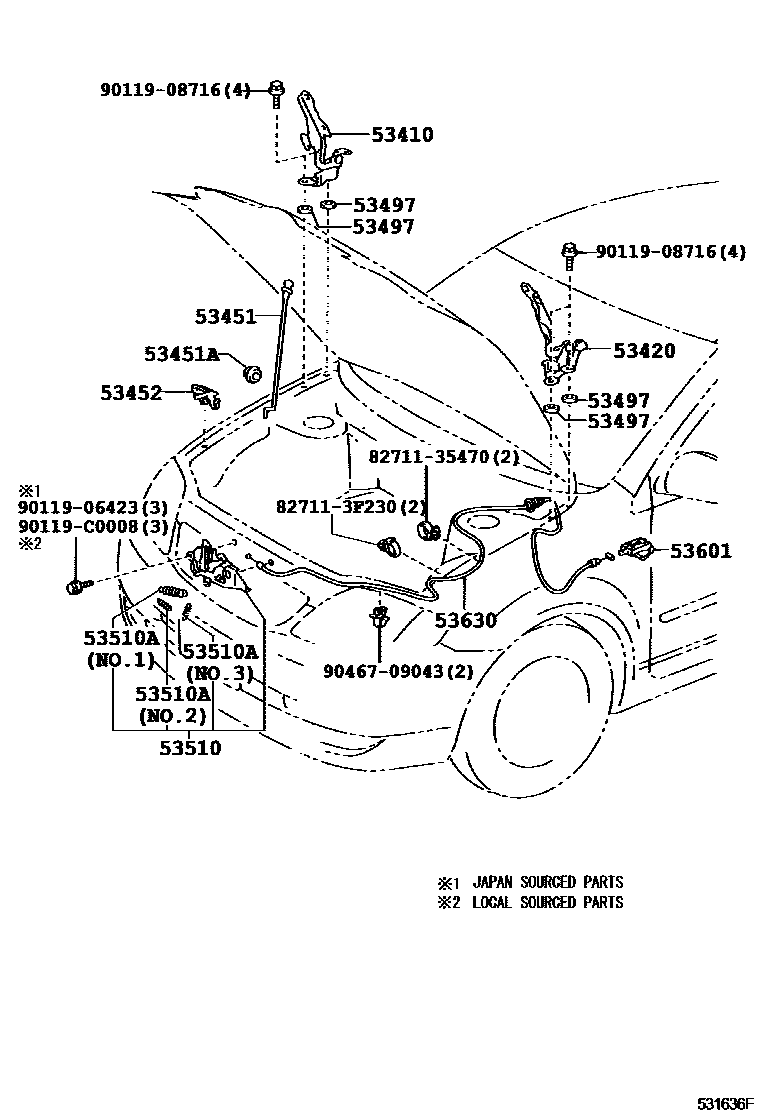 Toyota COROLLA 发动机盖锁和铰链 EPC diagram — 531636F