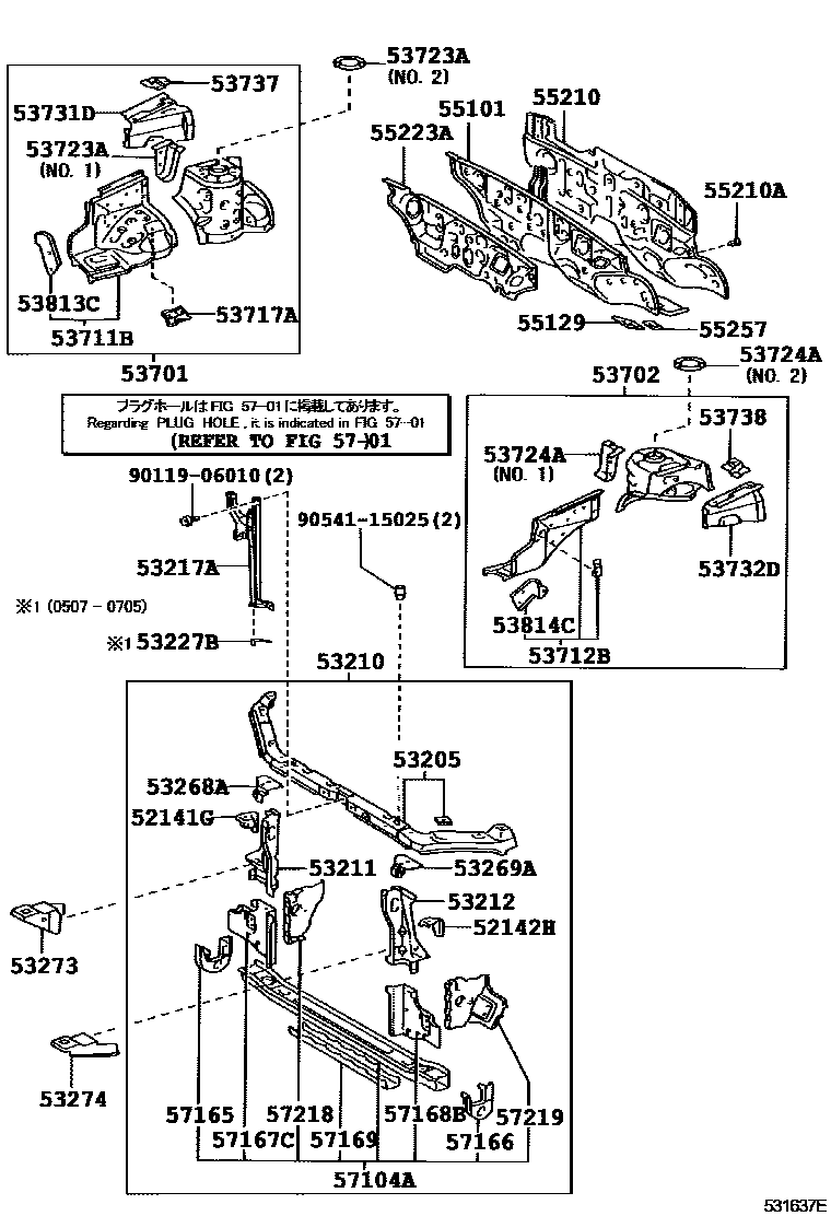 Toyota COROLLA 前翼子板挡泥板和前围板 EPC diagram — 531637E