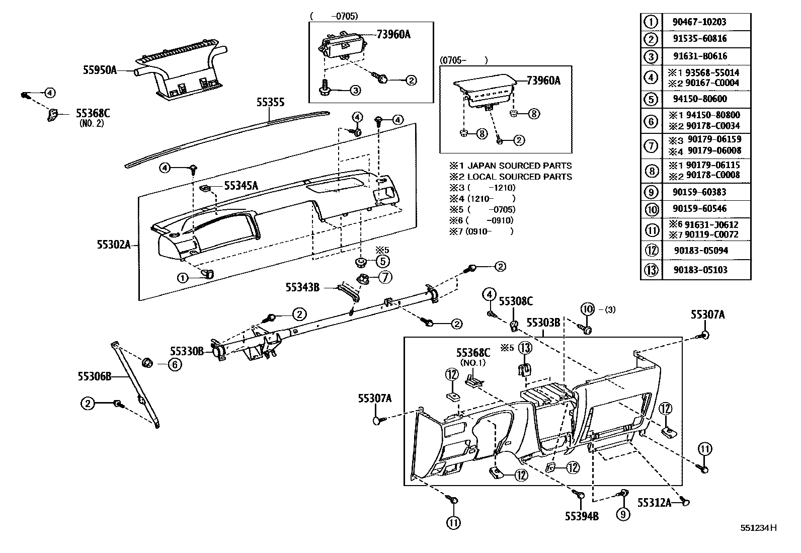 Toyota COROLLA 仪表板和手套箱 EPC diagram — 551234H