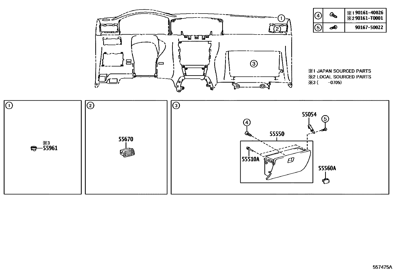 Toyota COROLLA 仪表板和手套箱 EPC diagram — 557475A