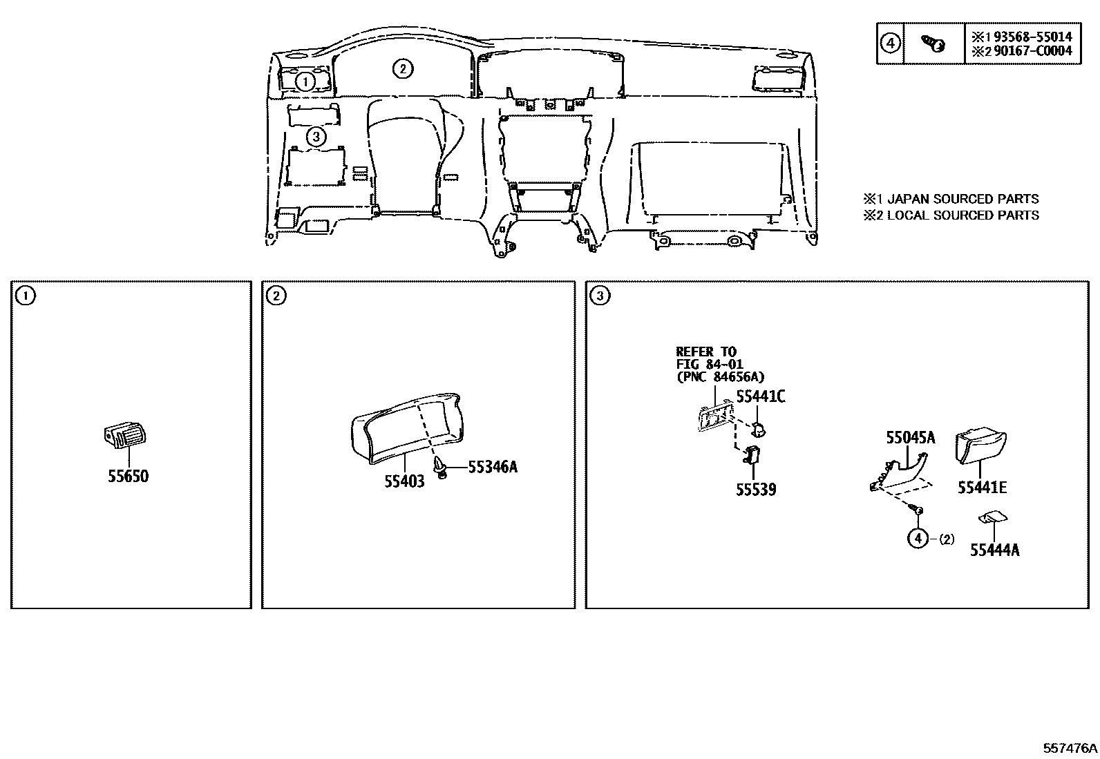 Toyota COROLLA 仪表板和手套箱 EPC diagram — 557476A