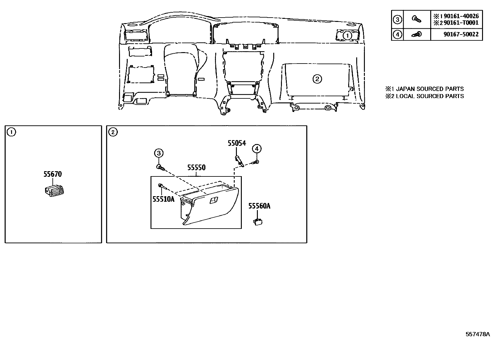 Toyota COROLLA 仪表板和手套箱 EPC diagram — 557478A