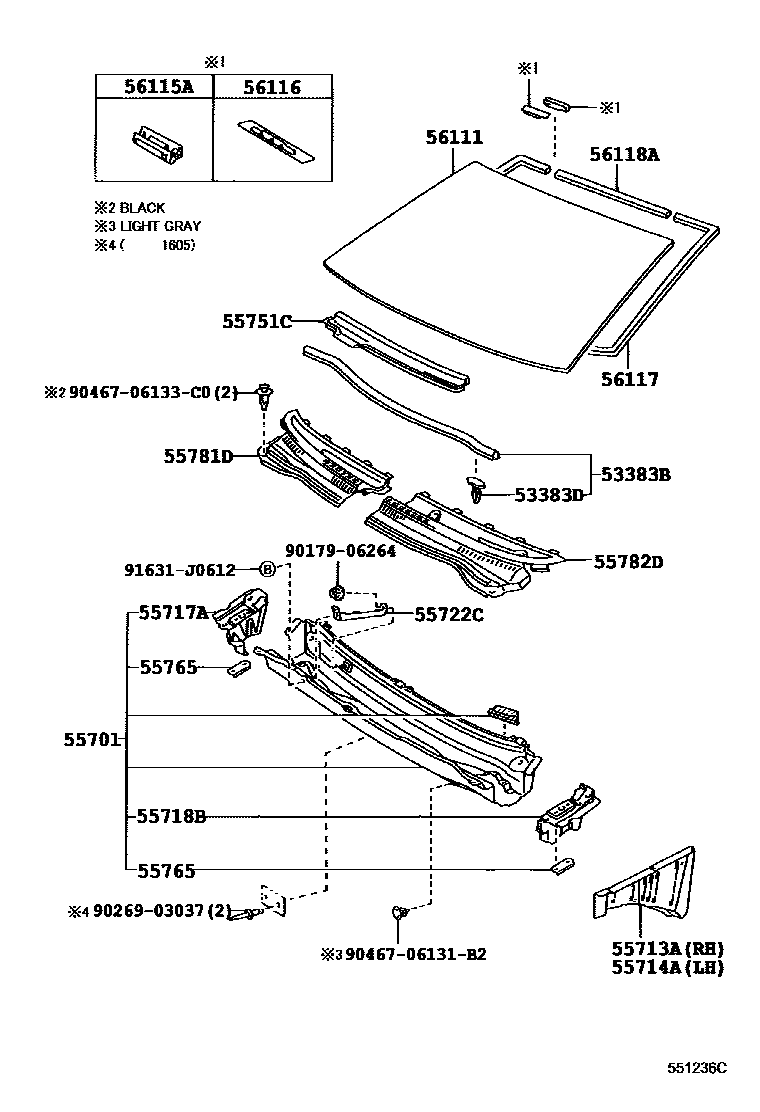 Toyota COROLLA 前围板和挡风玻璃 EPC diagram — 551236C